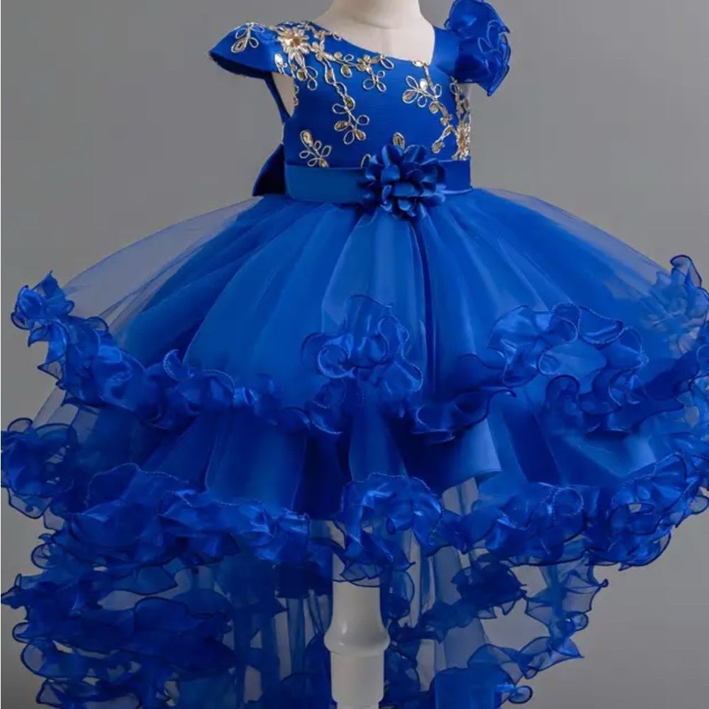 Elegant Aqua Dress with Ruffles $Floral Accents. colors, purple, orange blue.